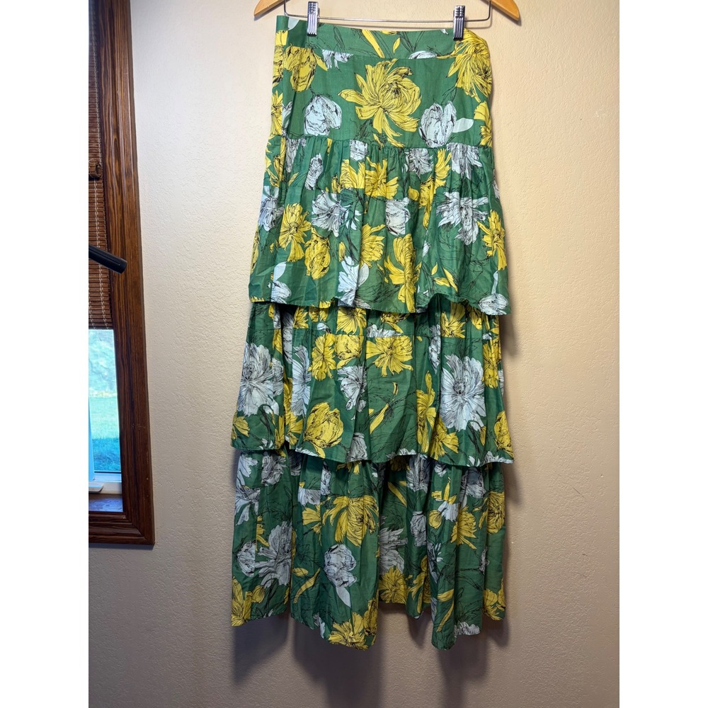 Alexis Floral Tiered Maxi Skirt Green Yellow High Waisted Ruffle Size L